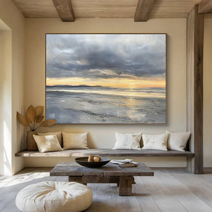 “Stormy Sunset Beach” - Grays, Oranges, Yellows, Coastal Sunset - Impressionist Oil Painting HB1595