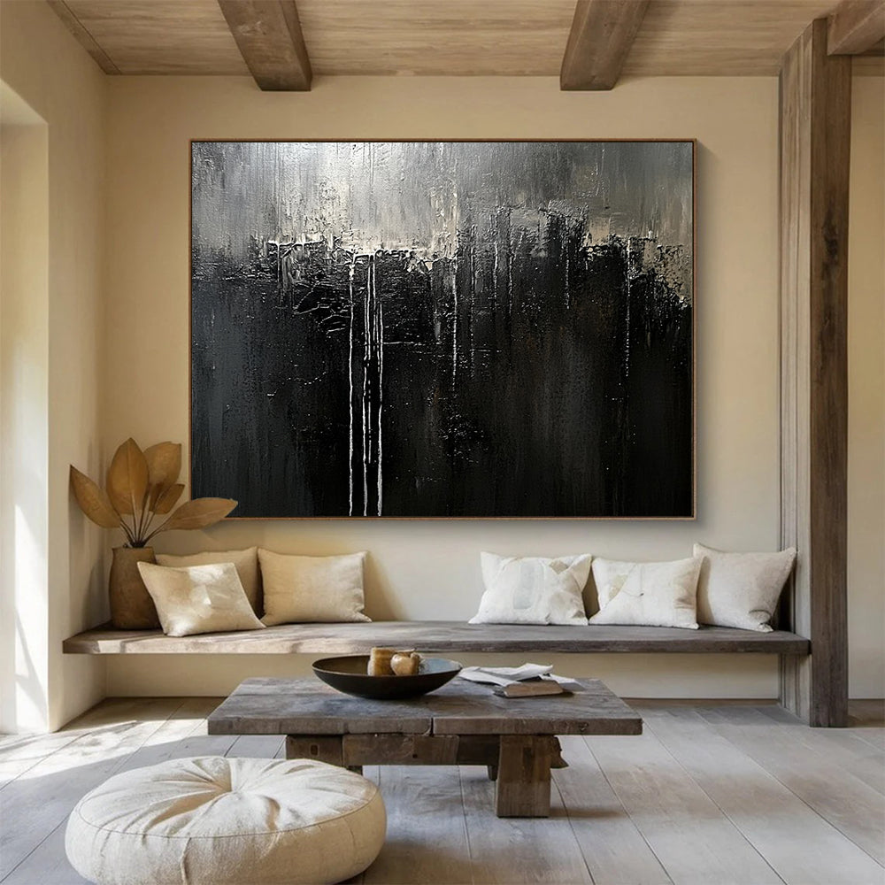 Monochrome Dripping Abstract - Dark Expressionist Painting On Canvas HB0468