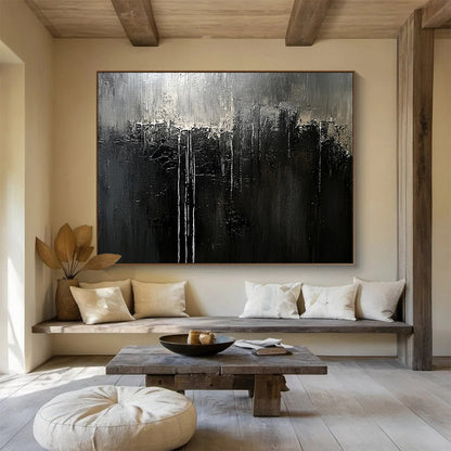 Monochrome Dripping Abstract - Dark Expressionist Painting On Canvas HB0468