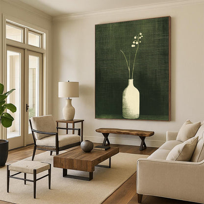 Large contemporary abstract artwork featuring lily of the valley in a textured monochrome design with a dark green background and simple vertical lines. DLZ1589