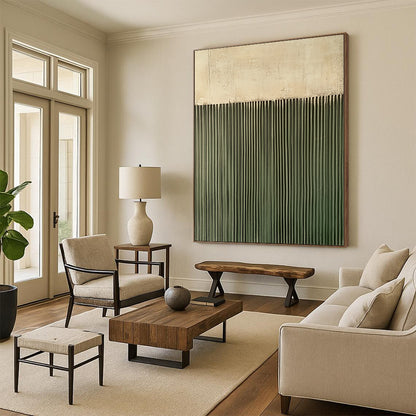 Contemporary hand-painted abstract art featuring a textured green wall with vertical lines against a soft gray background, creating a compelling visual contrast. DLZ1711