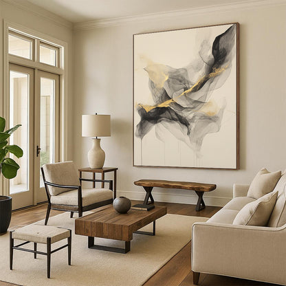 Beige, Gray, Gold, Flowing Shapes "Smoky Allure" Abstract Painting On Canvas HB028