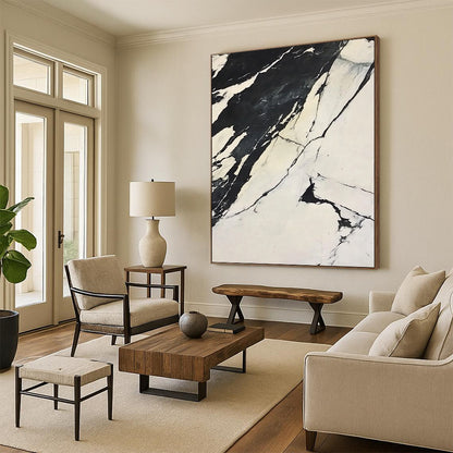 Contemporary abstract artwork featuring high-contrast black and white marble design with flowing forms on a snowy backdrop inspired by Claude Monet. DLZ1544