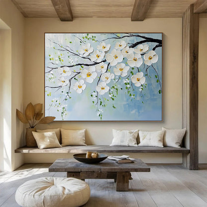 “White Blossoms on Branches” - White, Yellow, Green, Blue, White Blossoms on Branches - Impasto Oil Painting HB1785