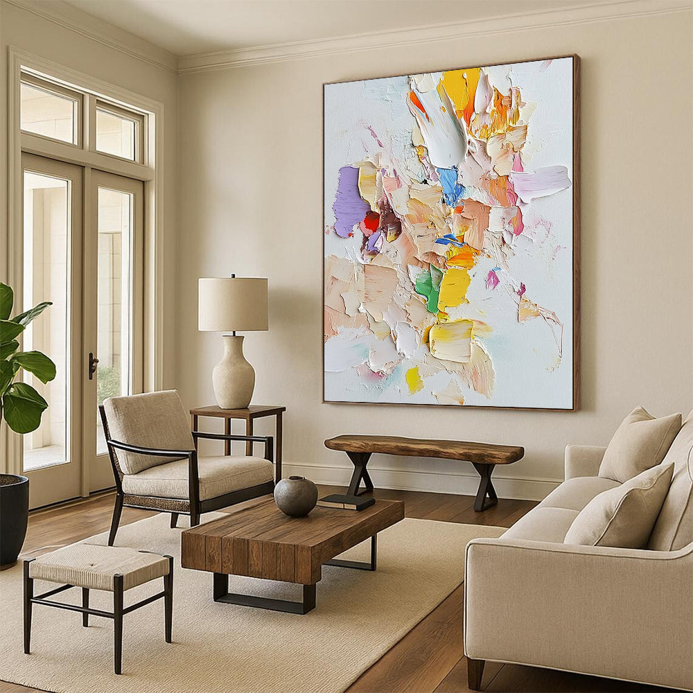 Contemporary abstract art featuring light pastels on white canvas with palette knife technique and assembled cut-out pieces for a unique textured effect. DLZ0882