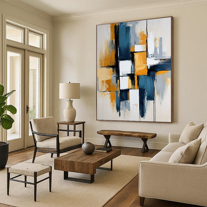 Contemporary hand-painted abstract art featuring dynamic lines and bold blocks in blue, white, gray, and mustard yellow colors for a striking visual impact. DLZ0496
