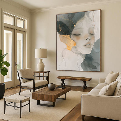 Contemporary abstract artwork features soft watercolor and ink wash with gold accents gentle color palette and ethereal ambience capturing serenity and fluidity. DLZ0786