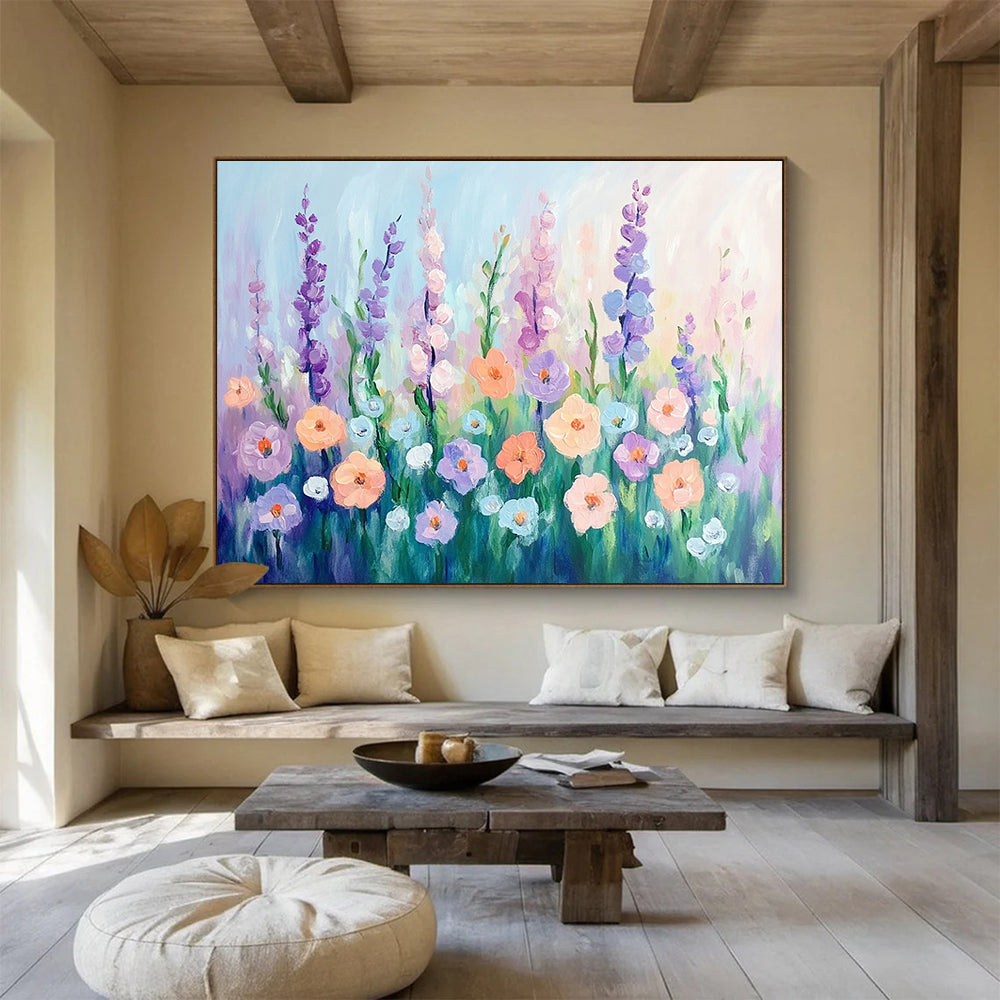 “Pastel Flower Meadow” - Soft lavender, peach, blue flowers, Impressionist Floral Painting On Canvas HB0580