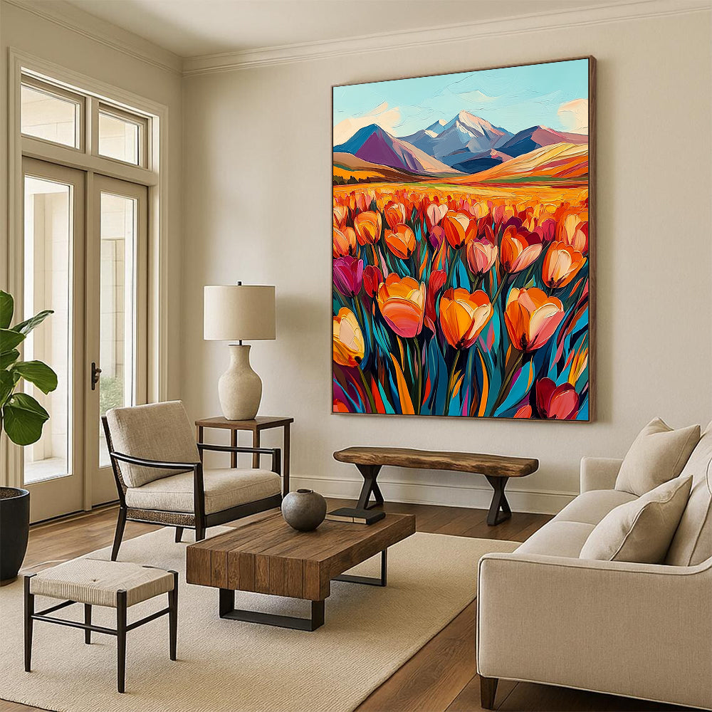 Contemporary vibrant abstract artwork featuring a field of tulips in orange and pink with majestic mountains in the background, evoking a sense of joy. DLZ1495