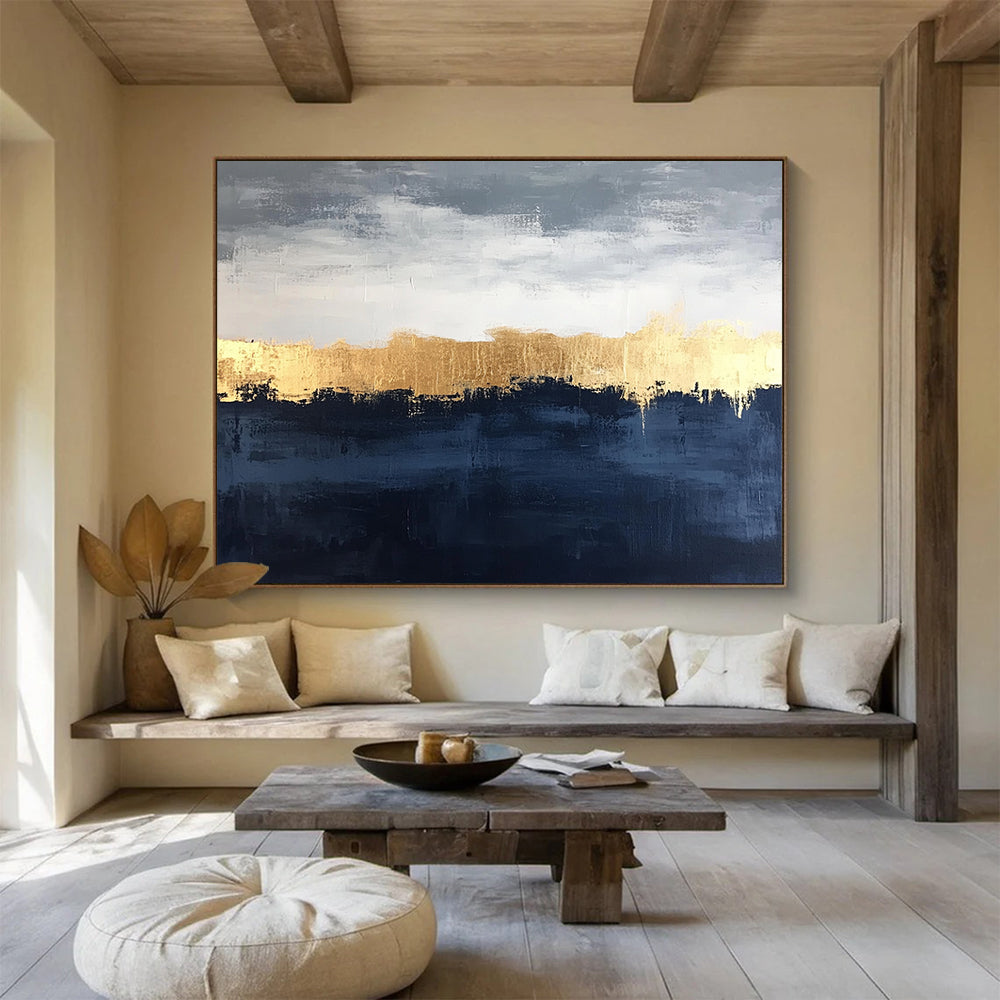 “Gold Horizon Over Blue - Gray Landscape” - Gold, Blue, Gray, Horizon Line Painting On Canvas HB0817