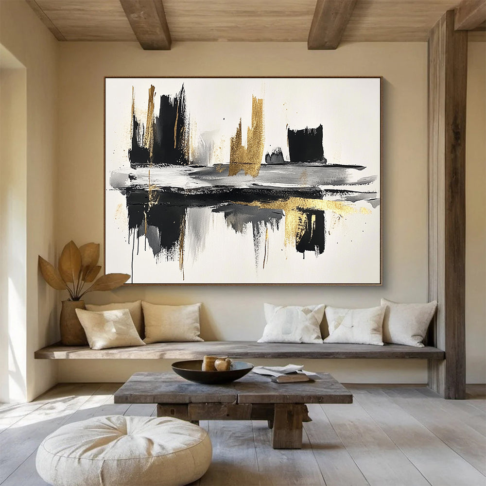 “Black - Gold Brushstroke Reflection” - Black, Gold, Reflective Abstract Cityscape Painting On Canvas HB0792