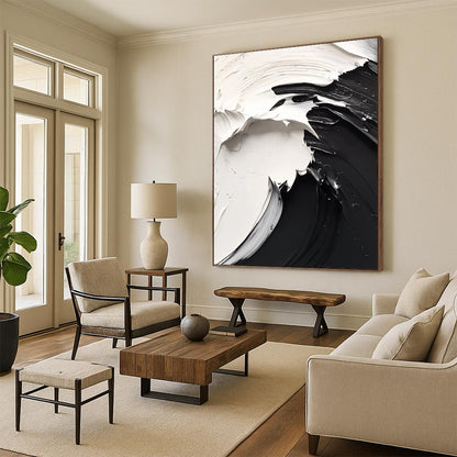 Contemporary hand-painted abstract art features dynamic flowing lines, high contrast black and white on a white background, evoking a mysterious atmosphere. DLZ1732