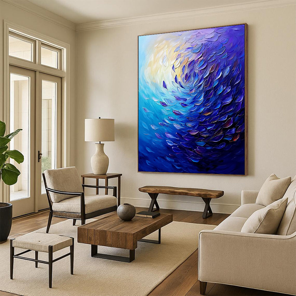 Contemporary abstract painting showcases swirling ocean colors with vibrant purple and blue fish, creating dynamic movement and deep atmospheric perspective. DLZ1096