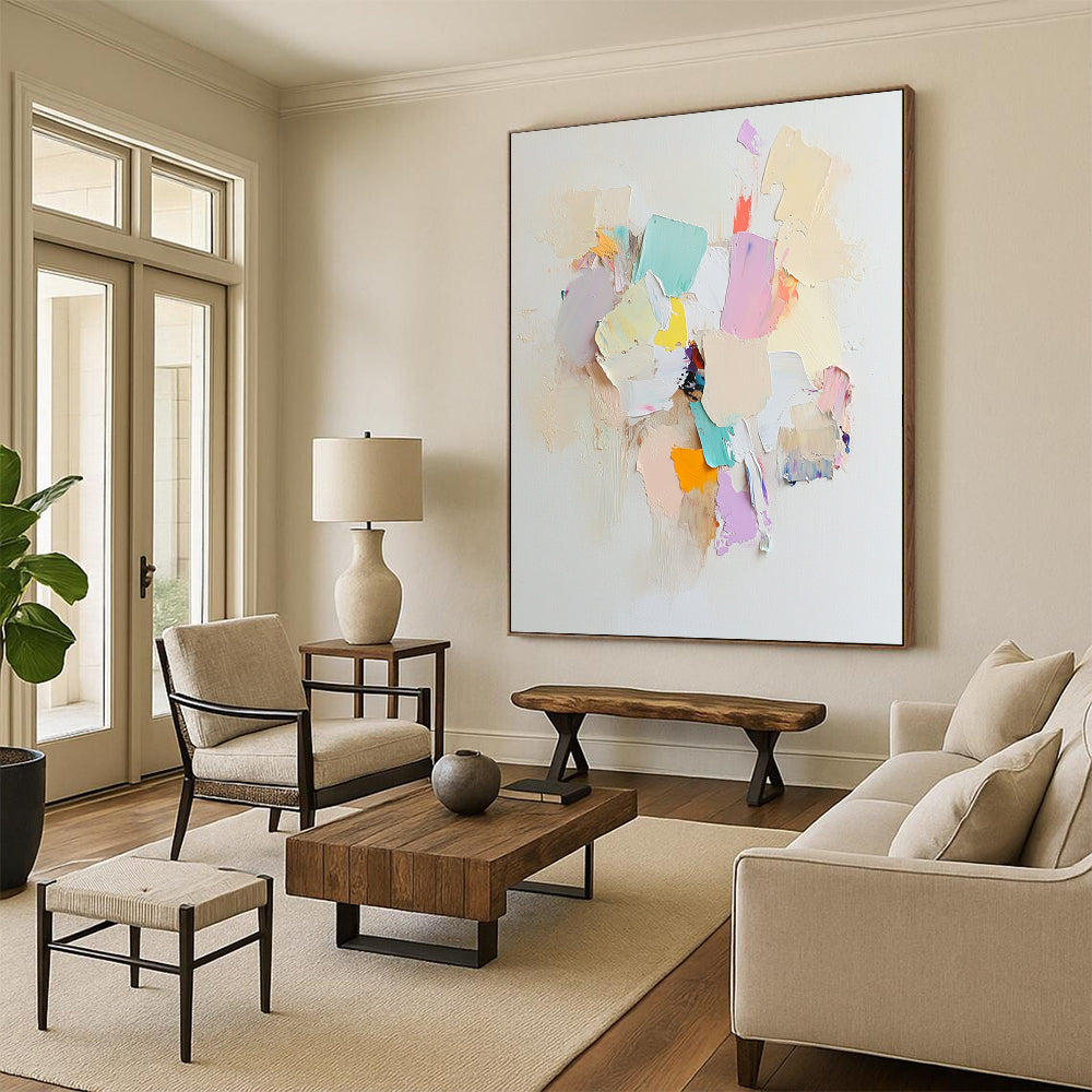 Contemporary abstract art features an arrangement of white paper pieces with soft colors, evoking calmness and serenity in a tranquil composition. DLZ0886