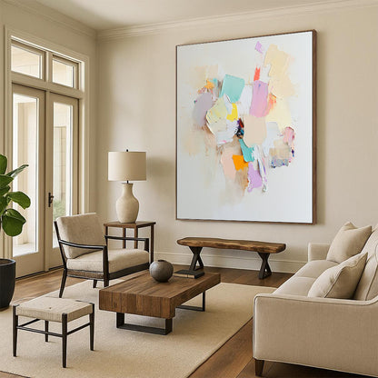 Contemporary abstract art features an arrangement of white paper pieces with soft colors, evoking calmness and serenity in a tranquil composition. DLZ0886