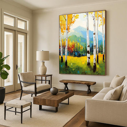 Large contemporary hand-painted abstract artwork featuring birch trees in vibrant spring colors against a mountain backdrop with expressive brushstrokes. DLZ1100