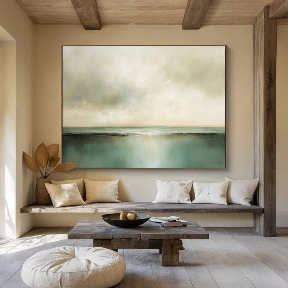 “Soft Green Horizon” - Green, Beige, Calm Sky and Water Painting On Canvas HB0930