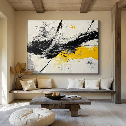 “Dynamic Splashes” - Black, White, Yellow, Abstract Expressionist Painting On Canvas HB1045
