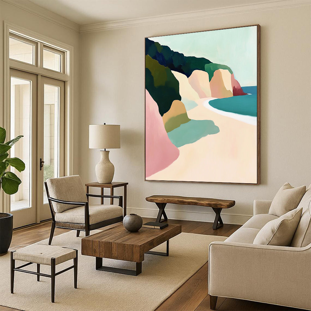 Contemporary hand-painted abstract artwork depicting Big Sur cliffs and beach, featuring a pastel palette and soft brushstrokes emphasizing light and form. DLZ1109