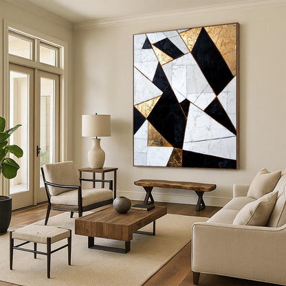 White, Black, Gold, Geometric Triangles "Gilded Geometry" Abstract Modernist Painting On Canvas HB076