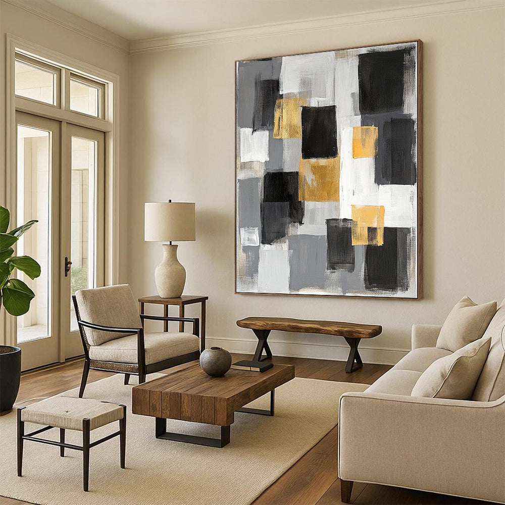 Gray, Black, Gold and White Abstract Blocks "Elegant Blocks" Painting On Canvas HB346