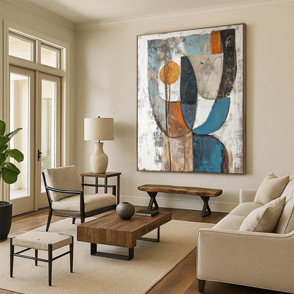 Gray, Blue, Orange, Brown and White Abstract Shapes "Nature's Abstraction" Painting On Canvas HB357