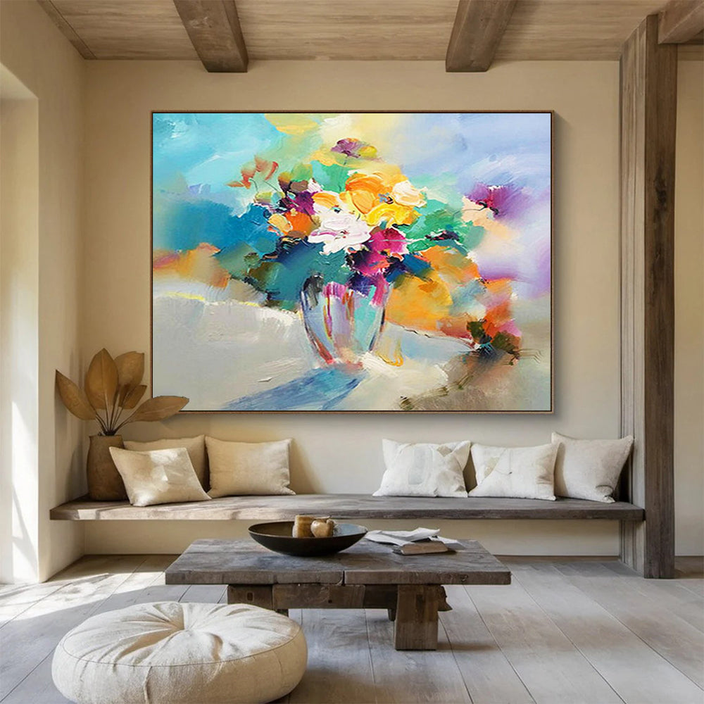 Colorful Flower Vase Oil Painting - Vibrant Living Room or Dining Room Art DLZ191