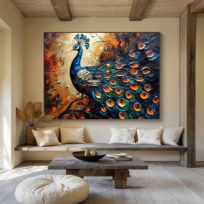 “Blue Gold Orange Peacock Relief” - Blue, gold, orange, green; Textured peacock portrait HB1294