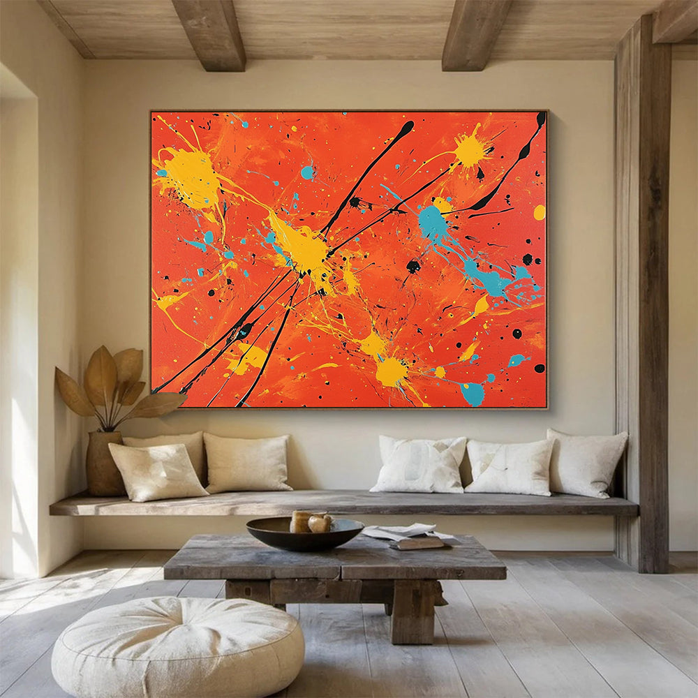 “Colorful Splatter On Orange” - Orange, Yellow, Blue, Black, Abstract Expressionist Painting On Canvas HB0683