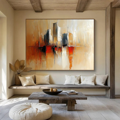 “City Silhouette in Warm Tones” - Beige, Brown, Red, Abstract Cityscape Painting On Canvas HB0966
