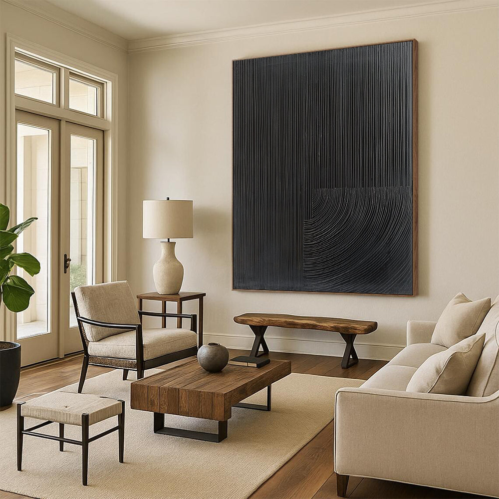 Contemporary abstract painting features half black with fine grooves and half gray abstract shape for a striking visual contrast. DLZ1553
