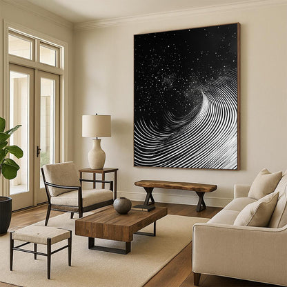 Black & White Swirling Lines & Dots - “Celestial Ink Vortex” Painting On Canvas HB227