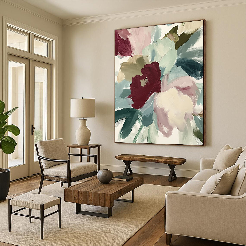 Contemporary abstract painting featuring loose brush strokes and muted colors depicting close-up flowers in reds and greens on a white background. DLZ0382