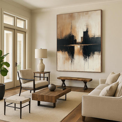 Contemporary abstract art showcasing an urban cityscape in beige and black tones on a textured canvas with a minimalist style and neutral palette. DLZ0465
