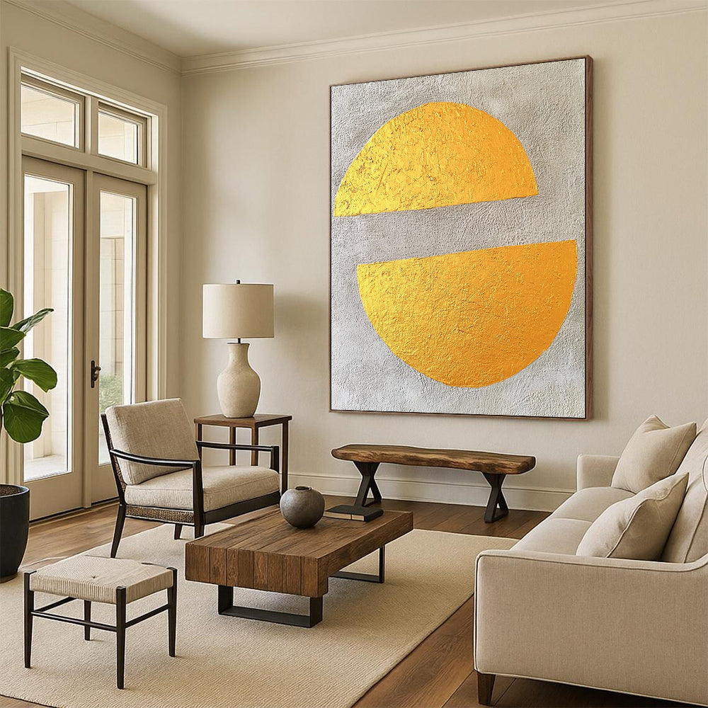 Contemporary abstract art featuring gold leaf on gray concrete with two large flat semicircles, creating a minimalist and striking visual experience. DLZ1579