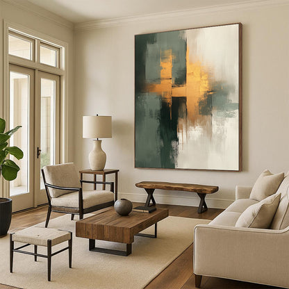 Contemporary hand-painted abstract artwork featuring neutral tones with sage green and gold accents, exuding a soft and gentle aesthetic on textured canvas. DLZ0555