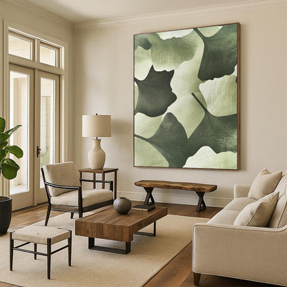 Contemporary hand-painted abstract art featuring textured ginkgo leaves in a soft green background adds depth and elegance to your outfit. DLZ1202
