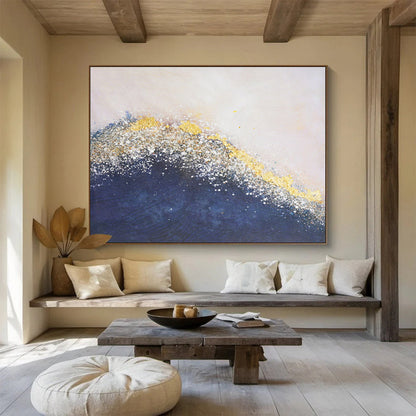 Gold & Blue Abstract Wave - Elegant Living Room or Bedroom Art DLZ268