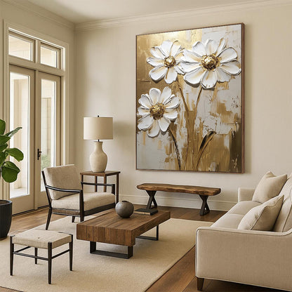 Contemporary hand-painted abstract art featuring white daisy flowers with gold accents on a textured background, perfect for modern decor. DLZ0820