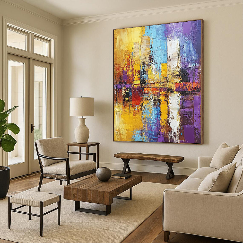 Contemporary hand-painted abstract art featuring a textured cityscape in gold and purple, showcasing expressive brushstrokes in a striking composition. DLZ0467