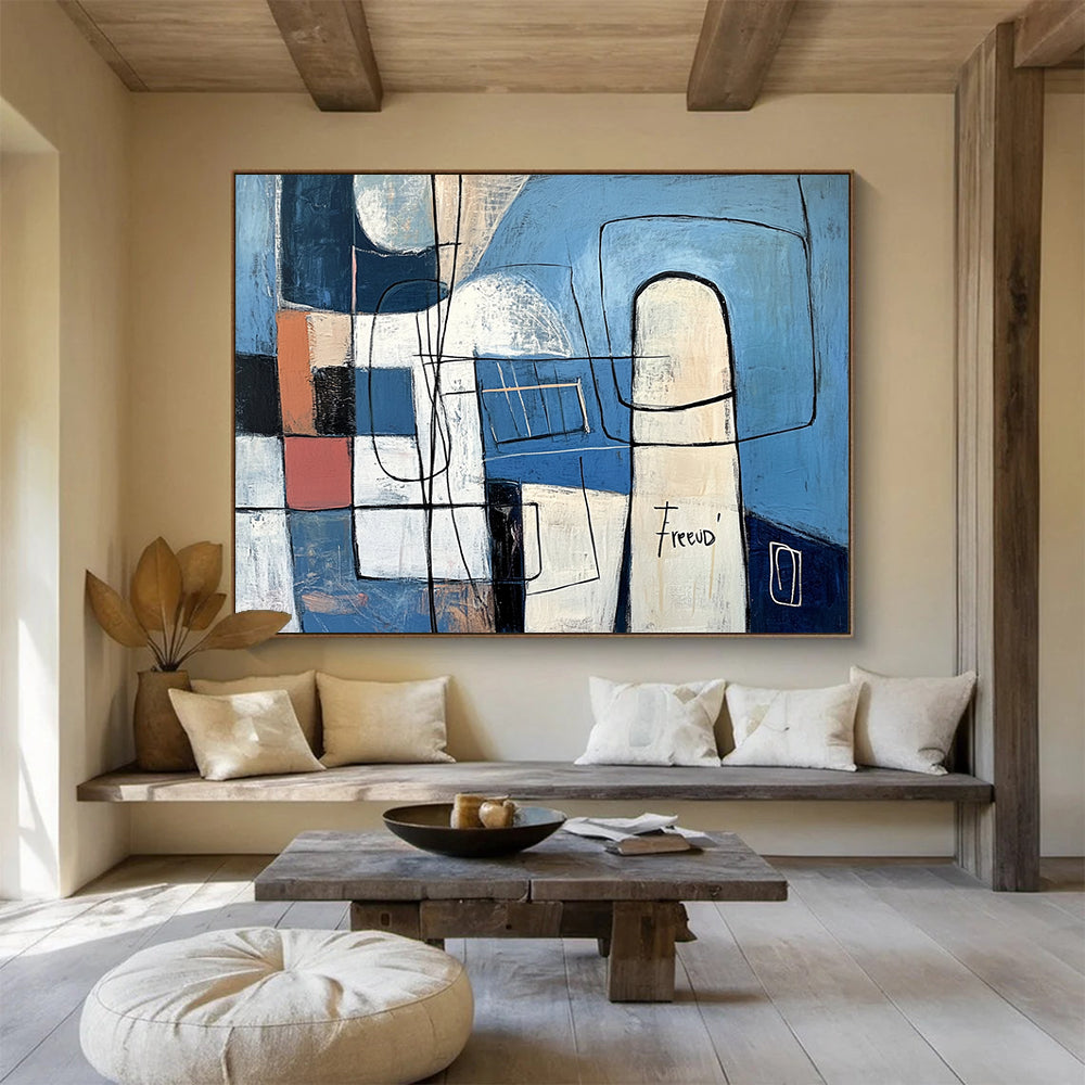 Blue with Geometric Shapes and Lines - “Structured Blues” Painting On Canvas HB1452