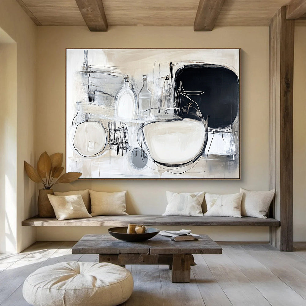 “Monochrome Stillness” - Beige, White, Gray with Abstract Bottles - Abstract Acrylic Painting HB1340