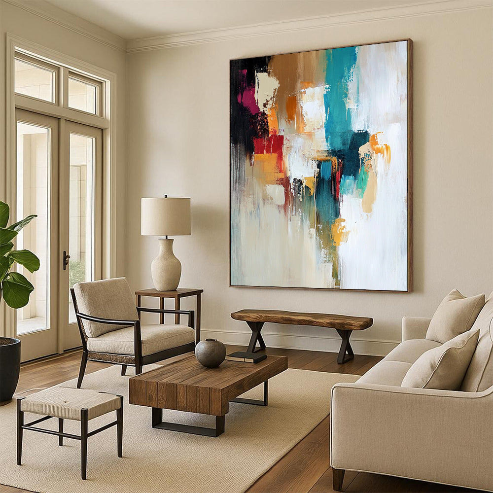 Contemporary hand-painted abstract art with soft colors and thick brushstrokes featuring beige, white, teal, green, orange, and brown tones. DLZ1055