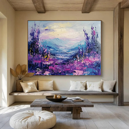 “Vibrant Purple Valley” - Lush Purples, Pinks, and Blues, Textured Mountain Valley with Floral Details Painting On Canvas HB0908