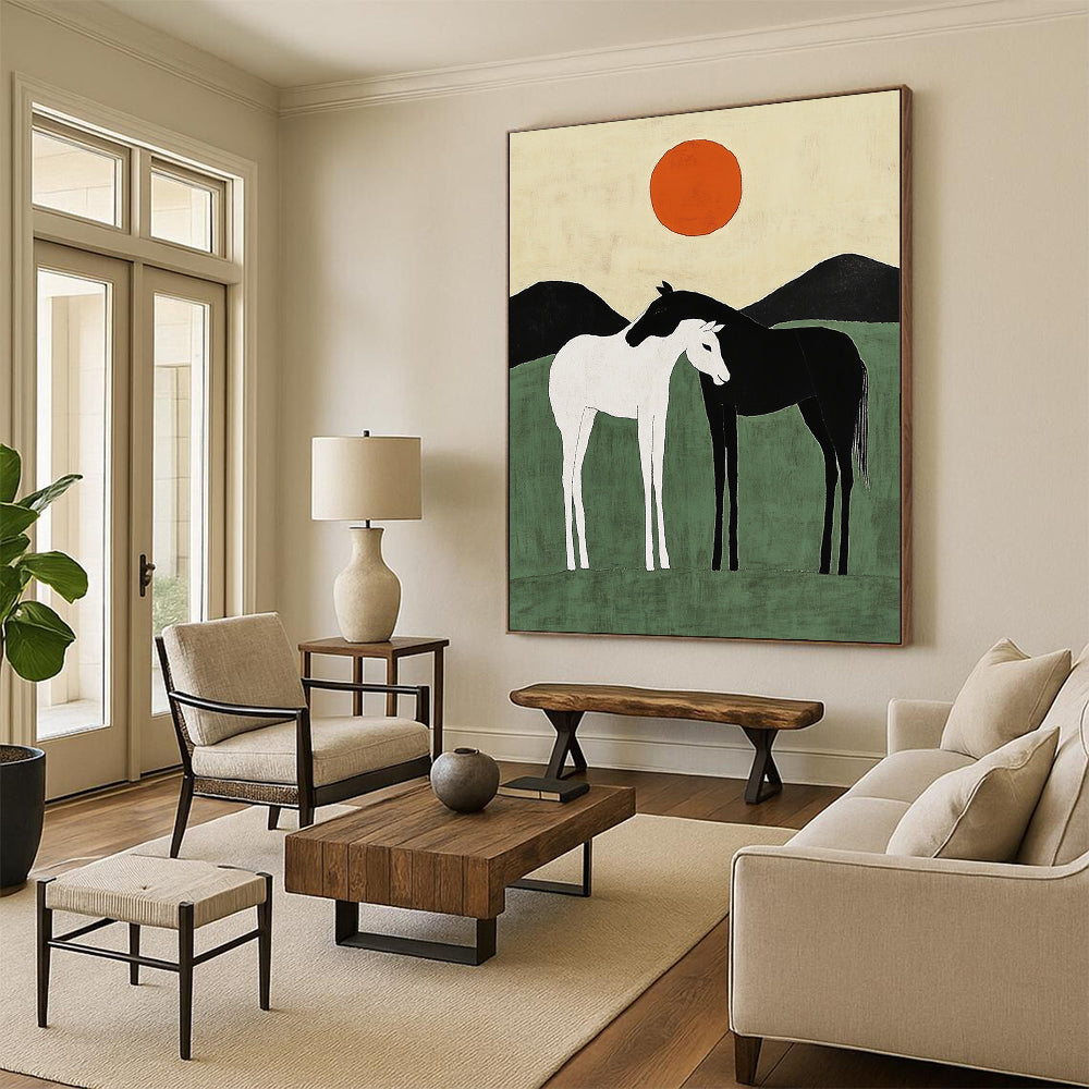 Contemporary abstract art featuring two minimalist horses against green hills with orange suns, capturing harmony through simple shapes and lines. DLZ1141