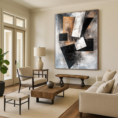 Gray, Black, White, Brown, Geometric Shapes "Industrial Puzzle" Abstract Cubist - Inspired Painting On Canvas HB059
