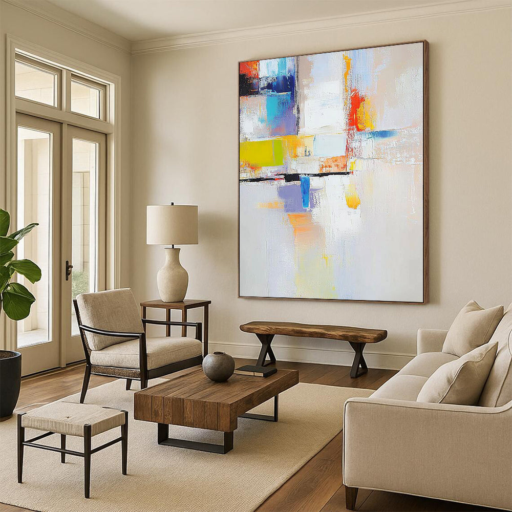 Contemporary hand-painted abstract artwork featuring vibrant colors and dynamic shapes perfect for elevating modern spaces. DLZ1780