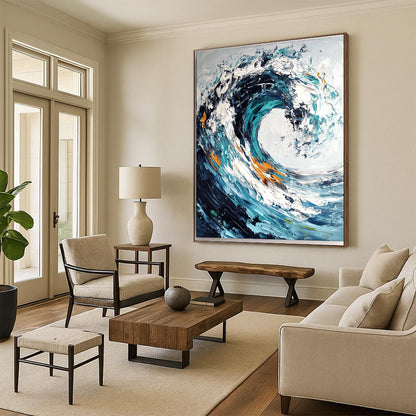 Contemporary abstract painting showcasing ocean wave with impasto brush strokes and palette knife in dark blue and teal swirls on white background. DLZ0580