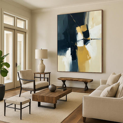 Contemporary hand-painted abstract art in navy blue, yellow, and white, showcasing dynamic textures and evoking emotional depth. DLZ0935