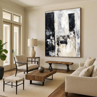 Contemporary hand-painted abstract artwork depicting urban ruins in black and white with neutral tones using vintage oil paint. DLZ0665
